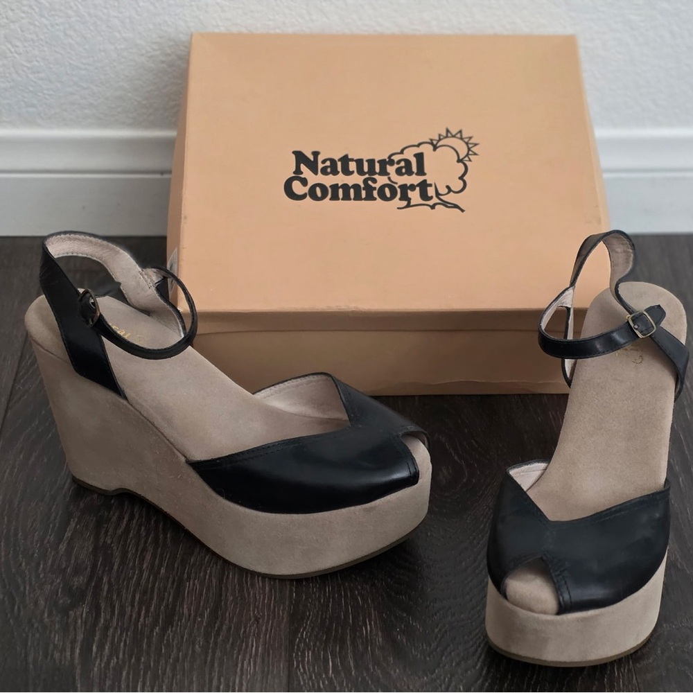 Black and Tan Wedge Sandals